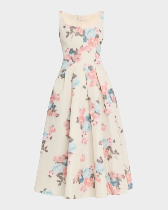 Blur Floral Sleeveless Pleated Midi Dress